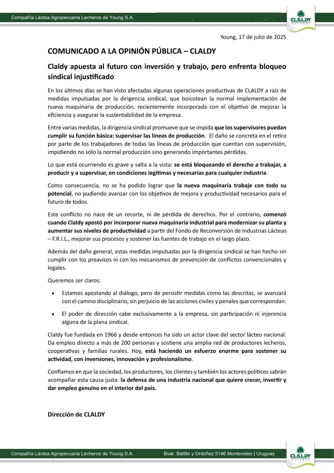 Claldy apuesta al futuro con inversión y trabajo
