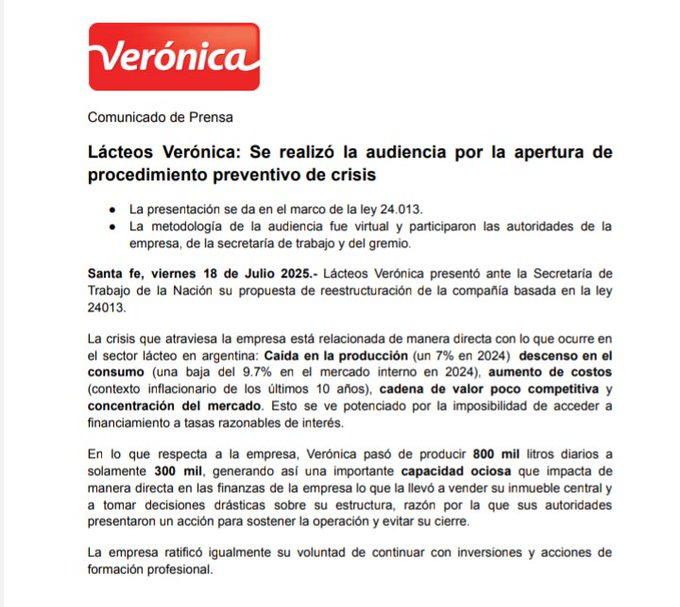 Lacteos Veronica entra en concurso de acreedores