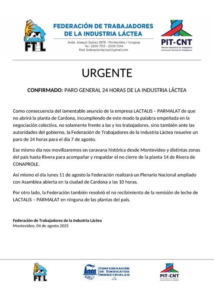 Lactalis no abrirá planta en Uruguay y hay paro general 2