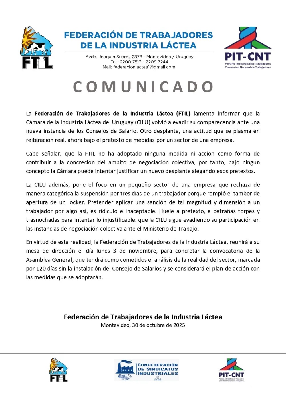 Empresas lácteas y sindicato en Uruguay, en tensión por el nuevo convenio 1