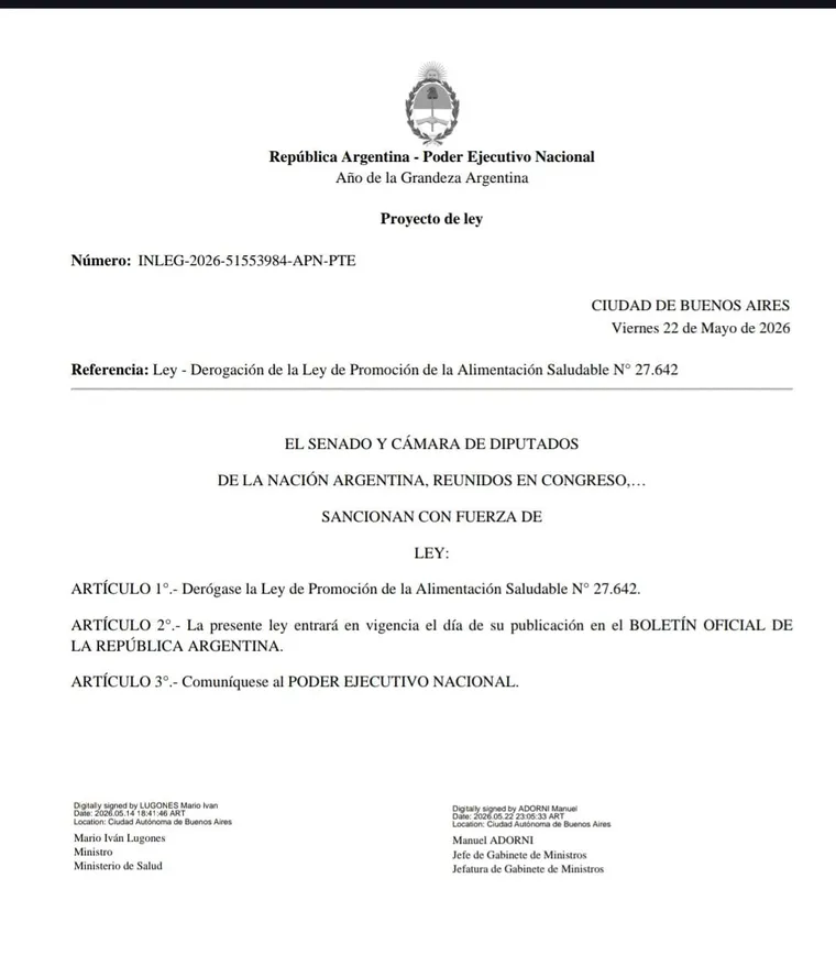 Octogonos El Gobierno envio al Congreso el proyecto para derogar la Ley de Etiquetado Frontal