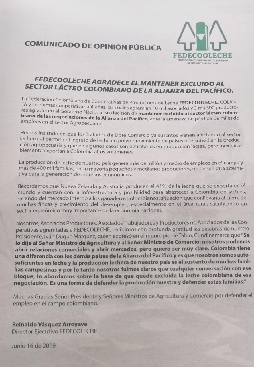 Sector lechero agradecio al Gobierno por ser excluido de la Alianza del Pacifico1